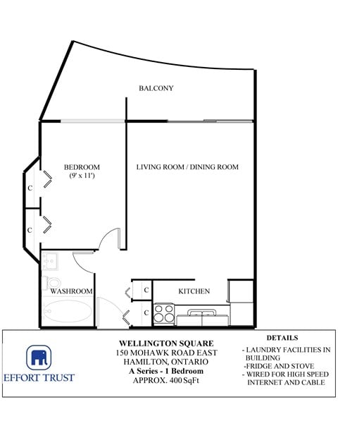 Floor plan for studio, 1 bath, 600 sqft